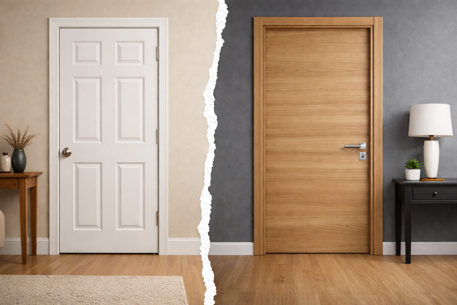 Amerikan kapı ve melamin kapının yan yana modern iç mekanda karşılaştırmalı görünümü