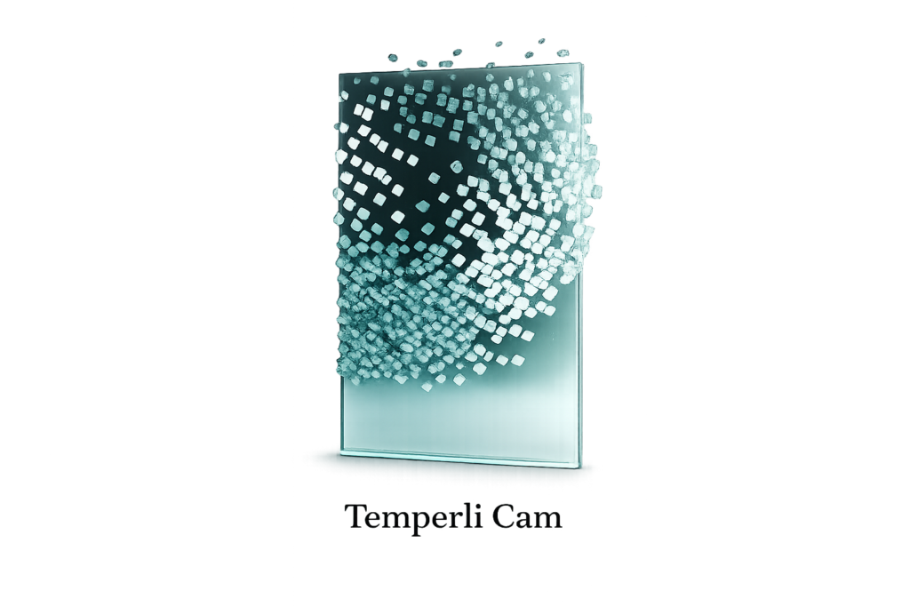 Temperli camın darbe sonrası küçük parçalara ayrılan güvenli kırılma yapısını gösteren cam panel görseli