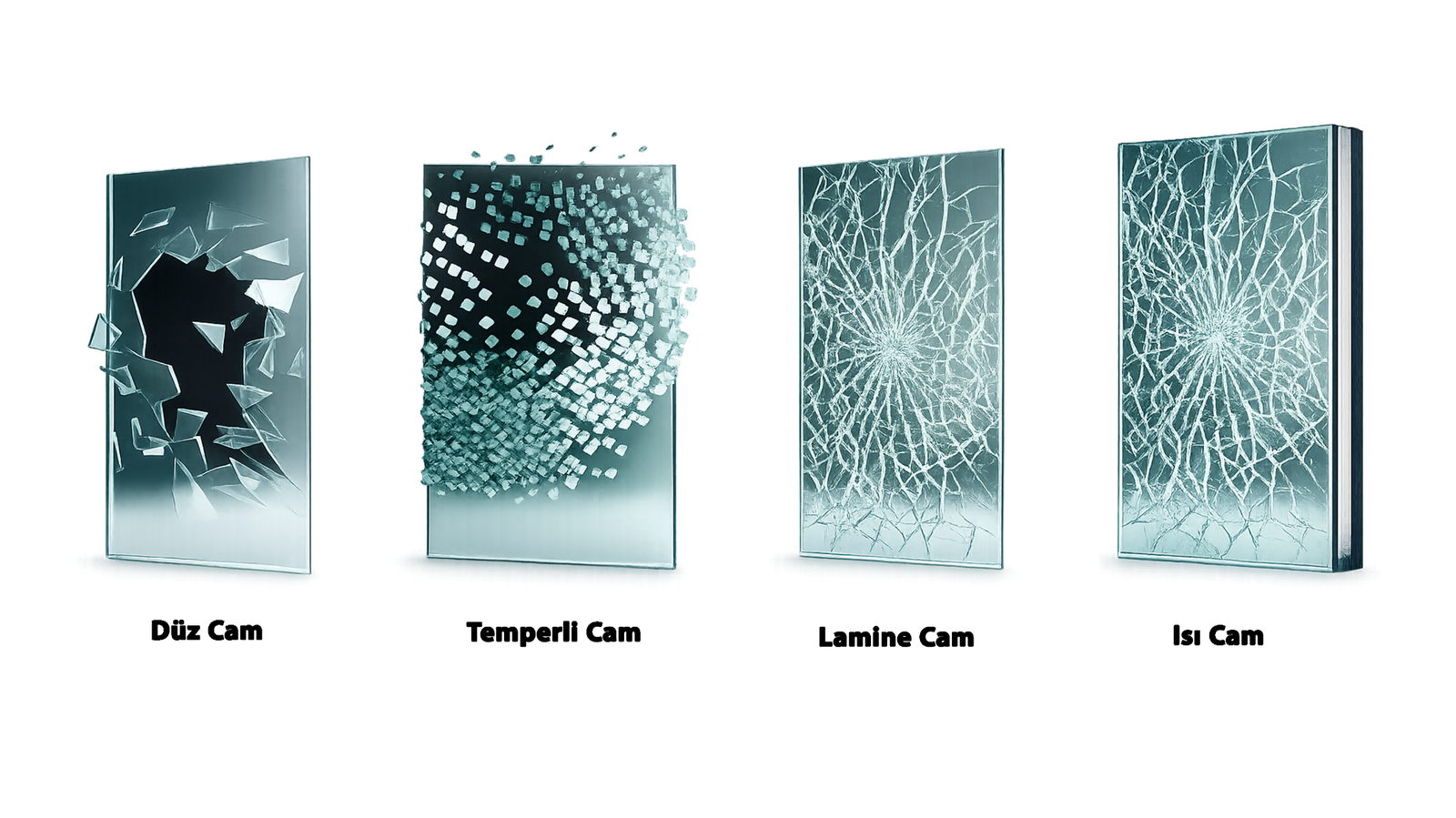 Düz cam, temperli cam, lamine cam ve ısıcamın kırılma ve yapı farklarını gösteren karşılaştırmalı cam görseli